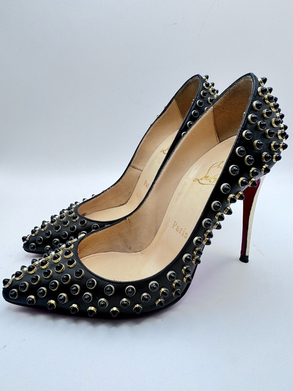 Christian Louboutin Kid Specchio Follies Cabo 120 Studded Pumps Black Gold Sz 36